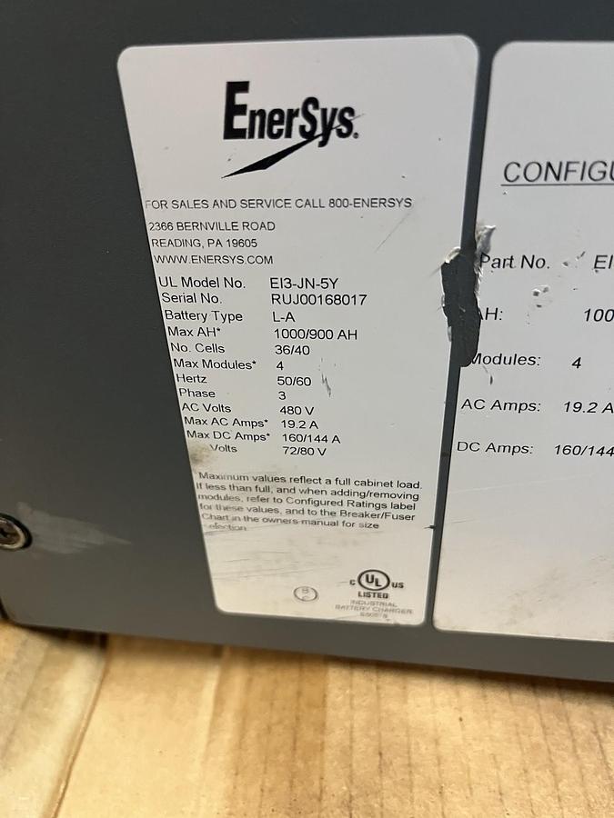 Used ENERSYS,EI3-JN-5Y,FORKLIFT BATTERY CHARGER 36/40 CELLS 1000/900AH 480V 3PH