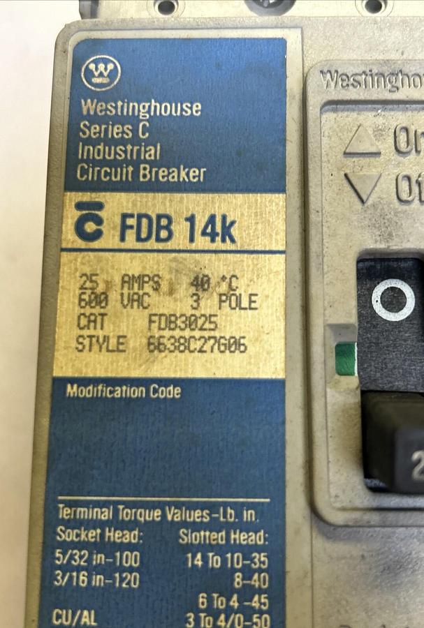 Used WESTINGHOUSE,FDB3025,CIRCUIT BREAKER 25A 600V 3P