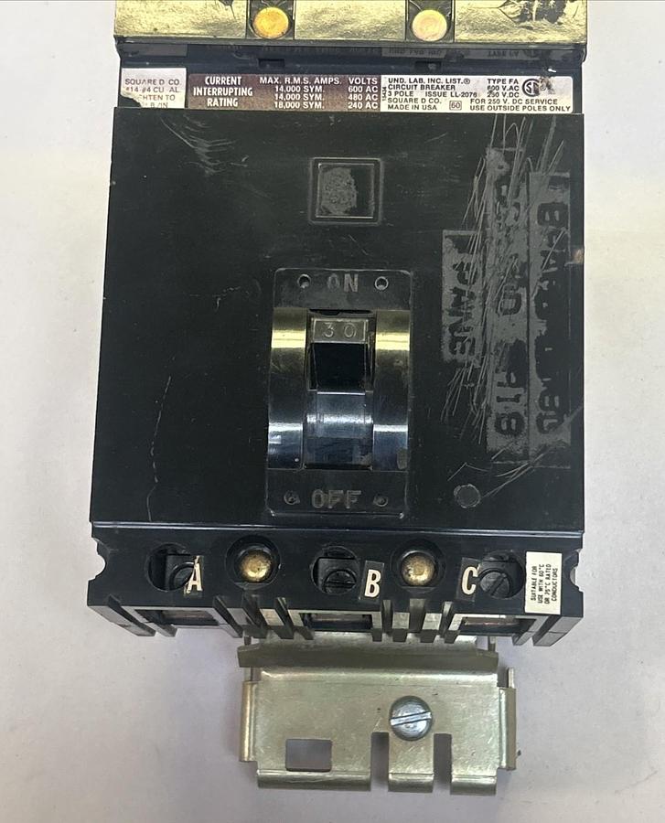 Used SQUARE D,FA36030,I-LINE CIRCUIT BREAKER 30A 600V 3POLE