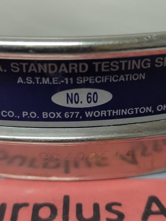 Used USA STANDARD,NO.60,TEST SIEVE 250UM .0098 INCH ASTM E-11 SPEC PRE-OWNED