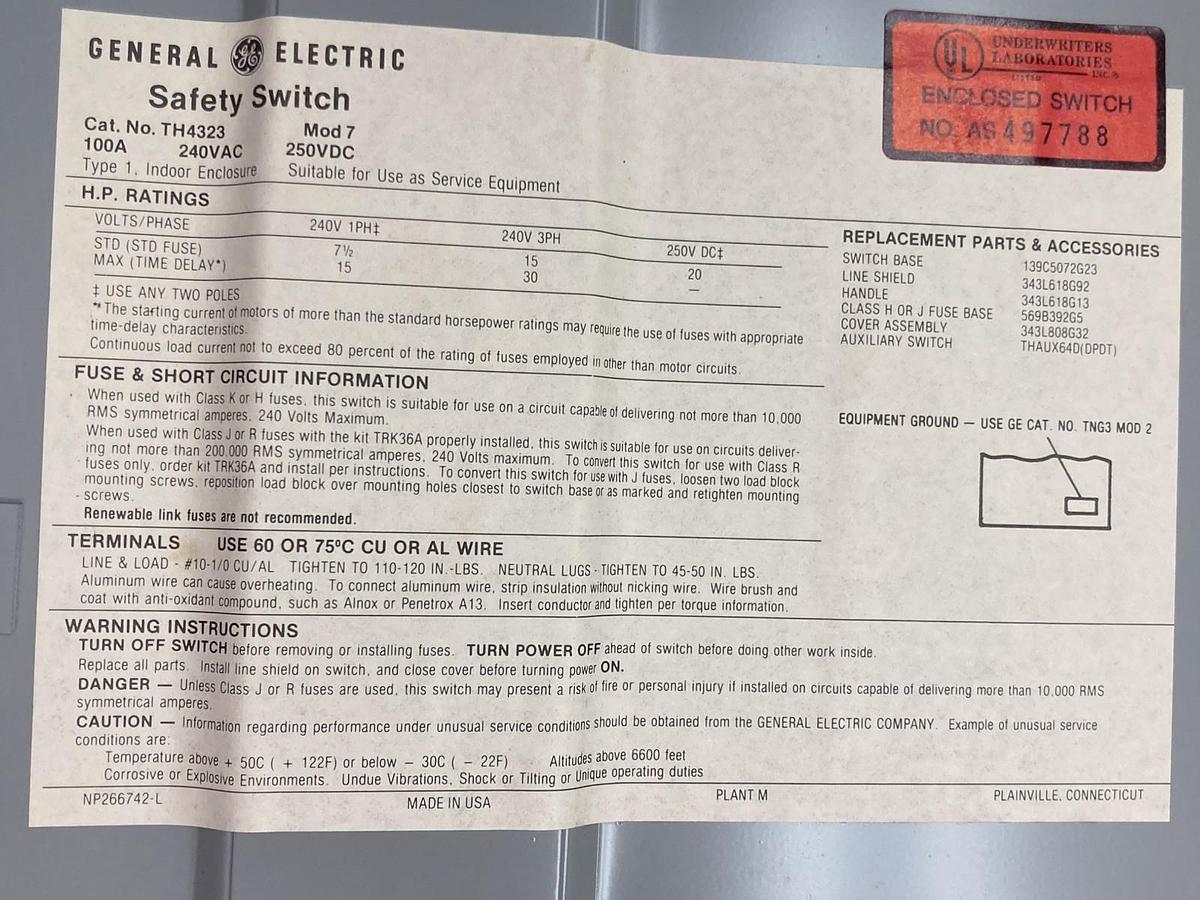 Used General Electric,TH4323,Disconnect Safety Switch 100A 240VAC 3