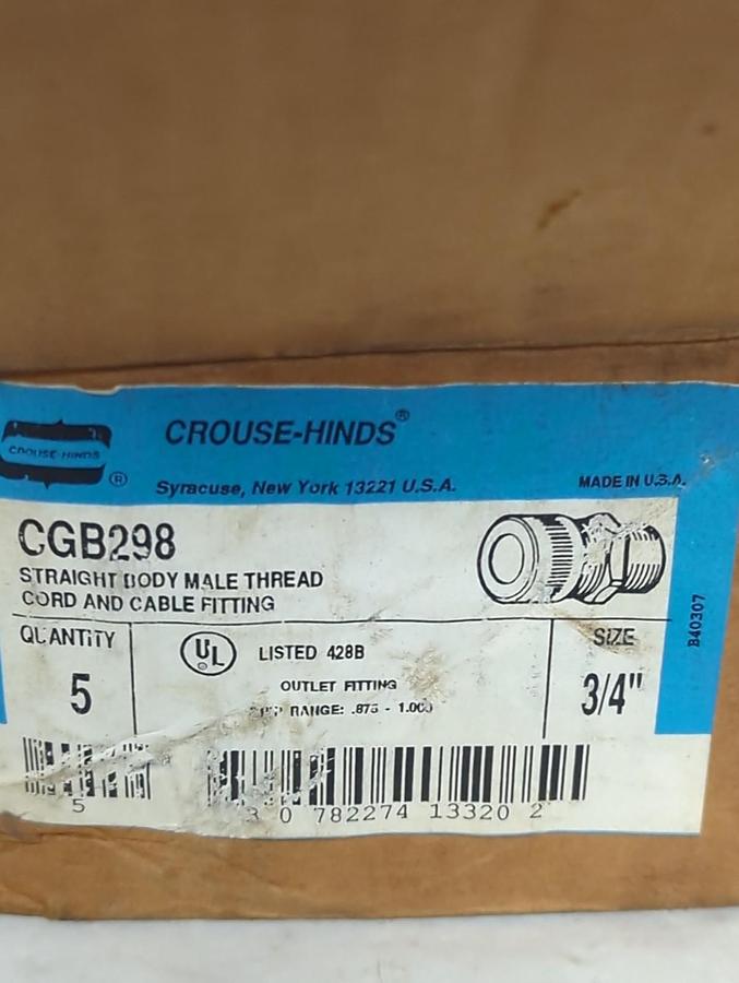 CROUSE HINDS,CGB298,STRAIGHT BODY MALE THREAD CORD & CABLE FITTING 3/4 IN 5 PC