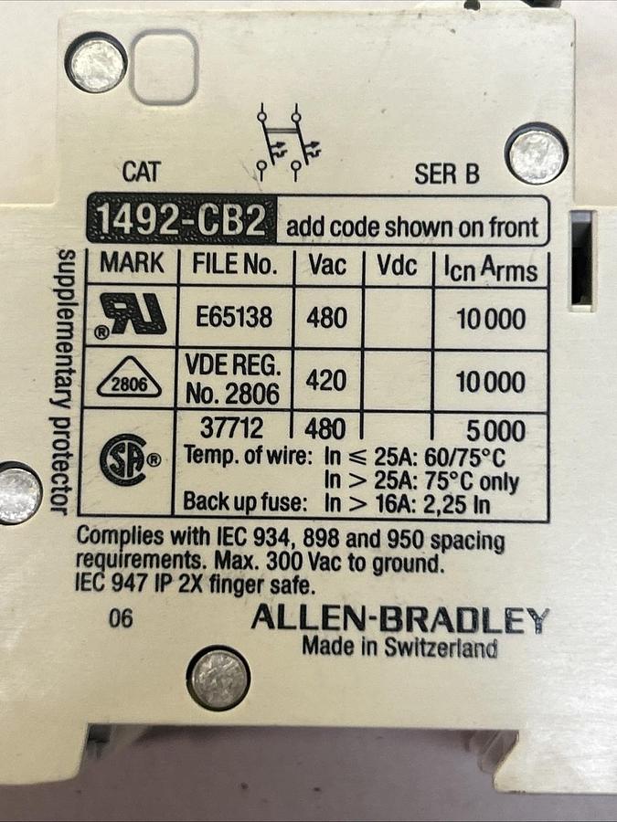 Used ALLEN BRADLEY,1492-CB2-G200,CIRCUIT BREAKER 20A 480/277V 2P LOT OF 2