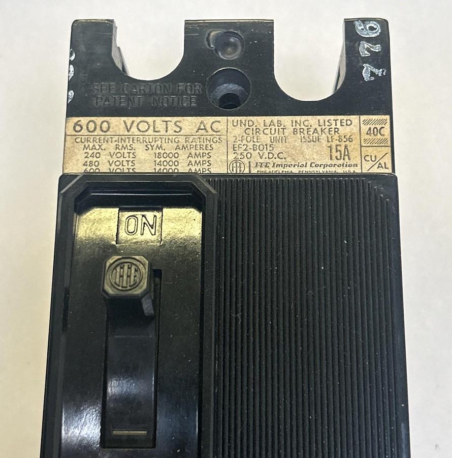 Used ITE,EF2-B015,CIRCUIT BREAKER 15A 600V 2P