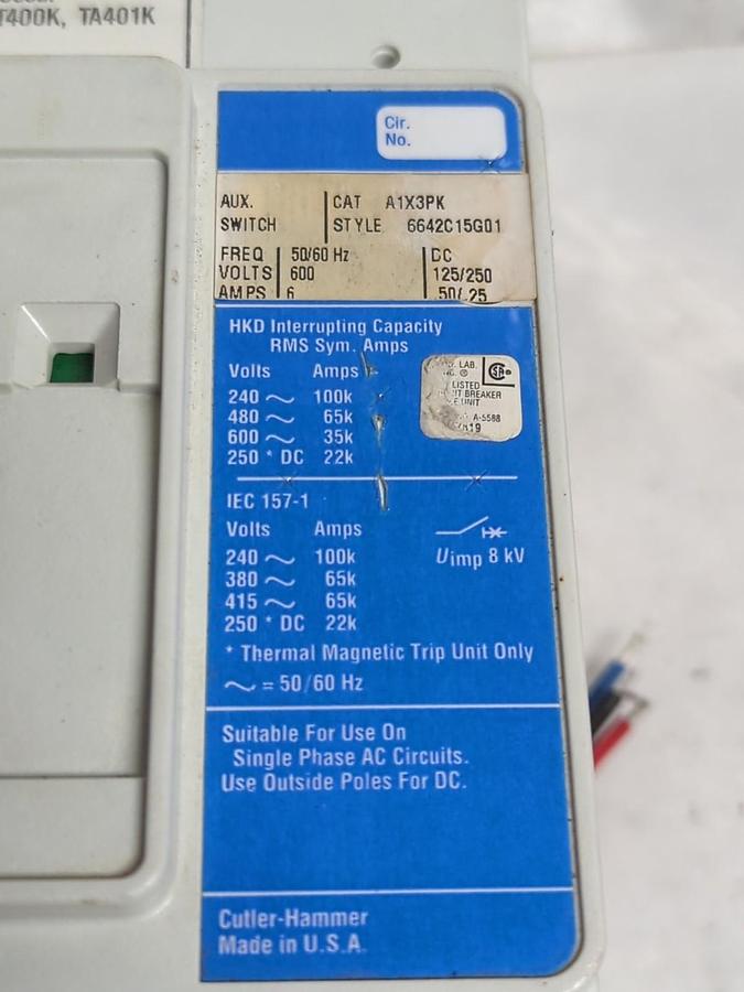 Used CUTLER-HAMMER,HKD3400F,CIRCUIT BREAKER 400 AMP 3-POLE STYLE 1492D82G03 PRE-OWNED