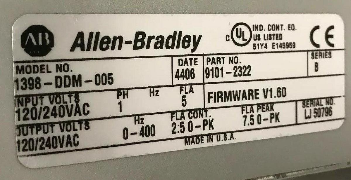 Used Allen Bradley,1398-DDM-005,Ultra Servo Drive 9101-2322 Firmware Version 1.60