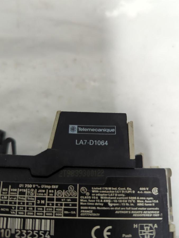 Used TELEMECANIQUE,LR2-D1306,THERMAL OVERLOAD RELAY W/ LA7-D1064 TERMINAL BLOCK