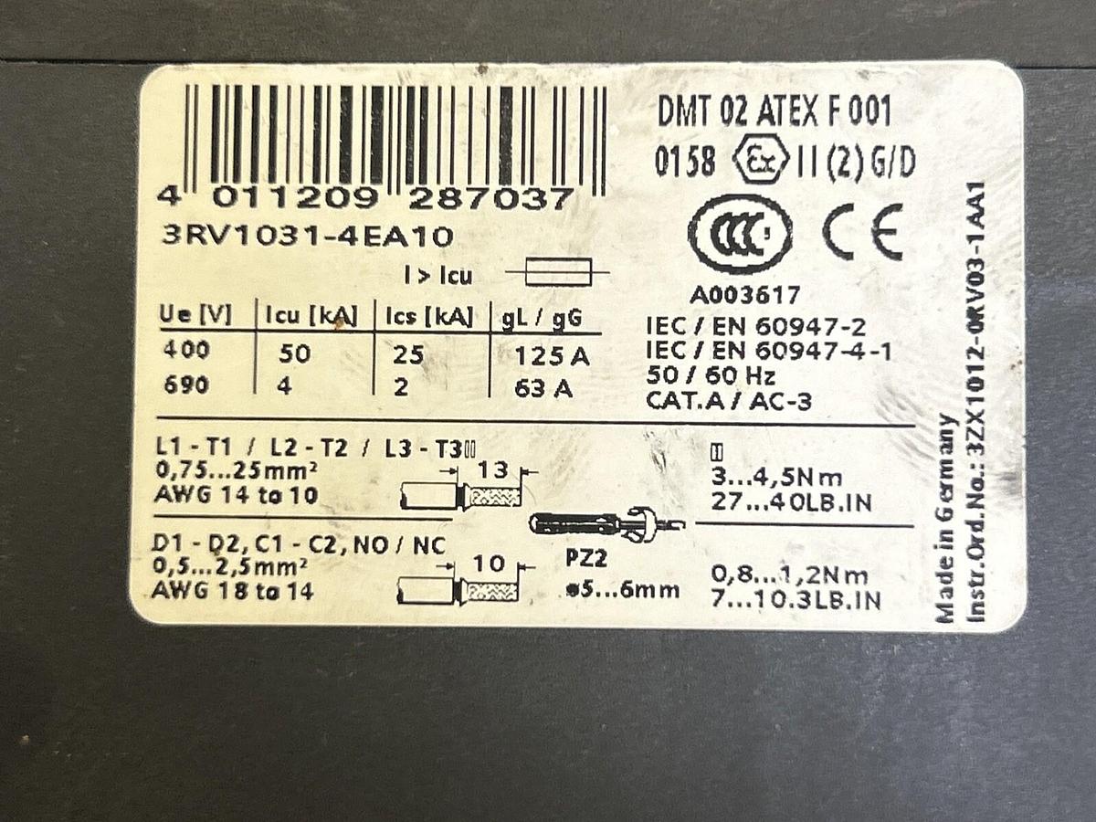 Used SIEMENS,3RV1031-4EA10,MOTOR PROTECTION CIRCUIT BREAKER