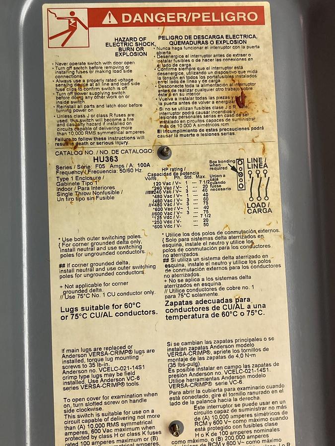 Used Square D,HU363,Heavy Duty Safety Switch 100A 600Vac