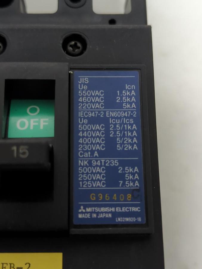 Used MITSUBISHI,NF30-SP,CIRCUIT BREAKER 15 AMP 3-POLE PRE-OWNED