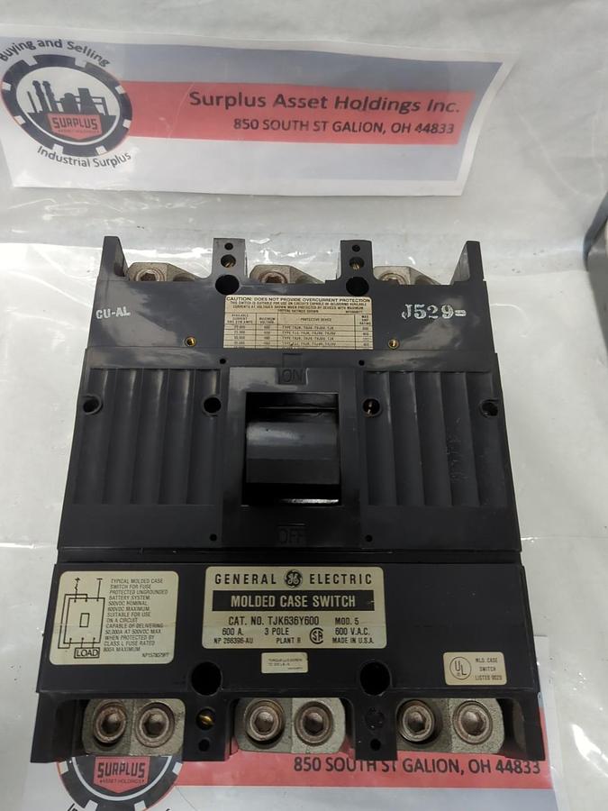 Used GE,TJK636Y600,3-POLE CIRCUIT BREAKER 600A 600VAC J529 PRE-OWNED