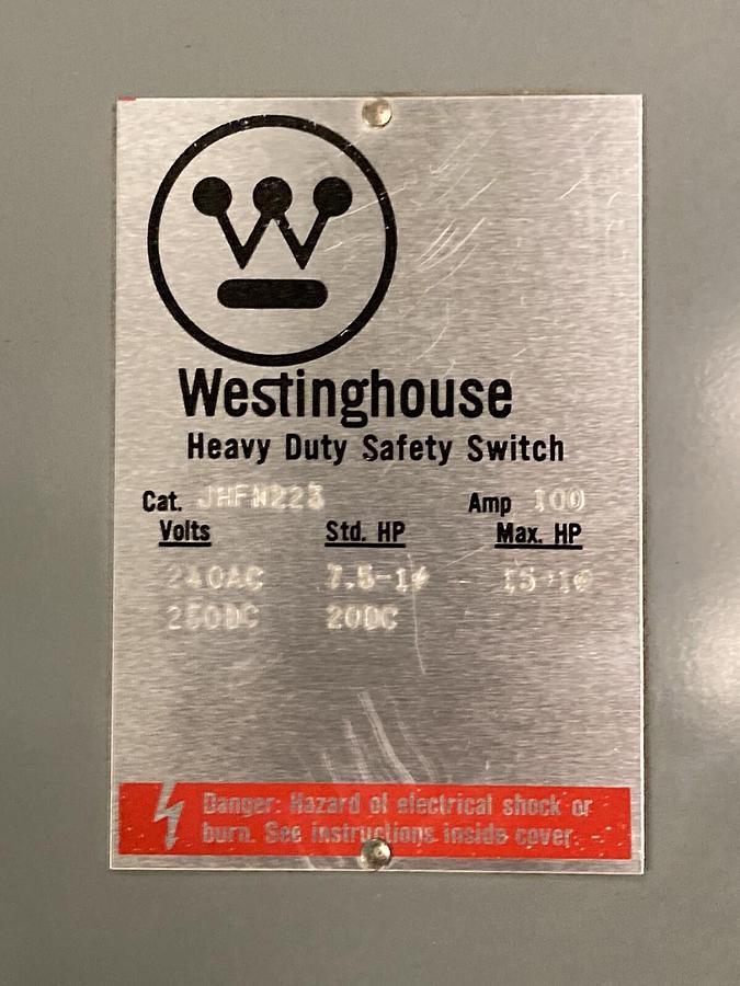 Used Westinghouse,JHFN223,Heavy Duty Disconnect Switch 100A 240AC