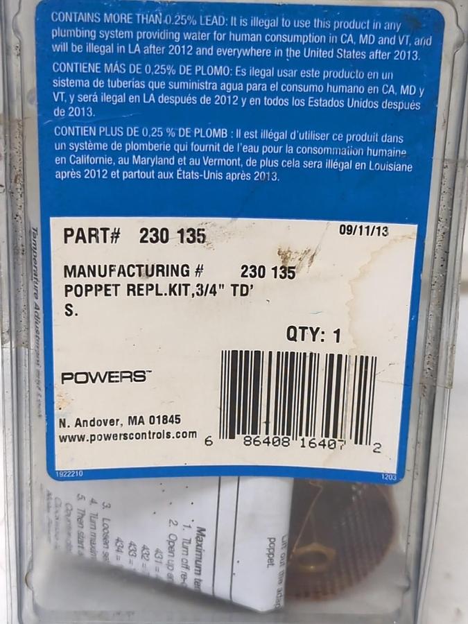 POWERS,230 134,POPPET  REPLACEMENT KIT 3/4 INCH NOS