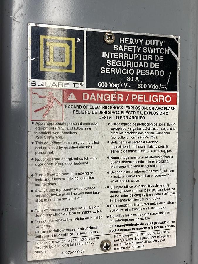 Used Square D,H361,Heavy Duty Safety Switch 30A 600Vac 50/60Hz