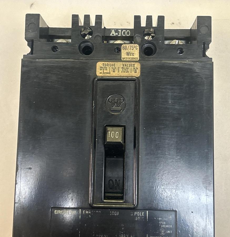 Used WESTINGHOUSE,EHB3100,CIRCUIT BREAKER 100A 480V 3P