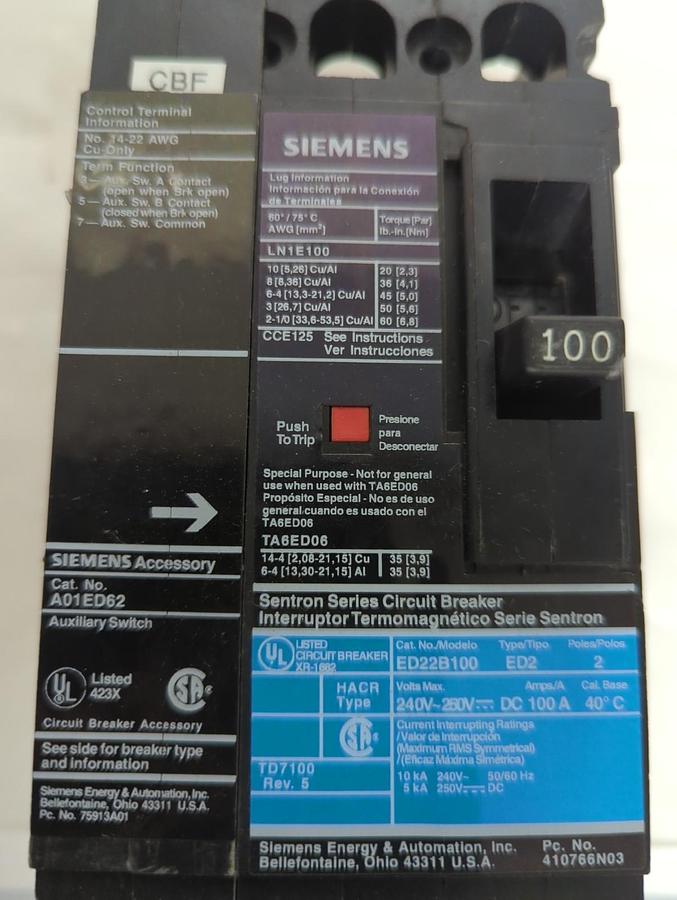Used SIEMENS,ED22B100,CIRCUIT BREAKER 100 AMP 2-POLE PRE-OWNED
