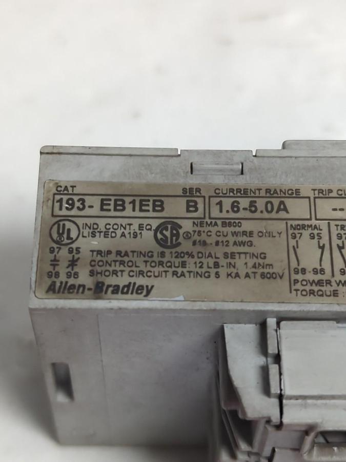 Used ALLEN BRADLEY,193-EB1EB,OVERLOAD RELAY SERIES B 1.6-5.0A PRE-OWNED