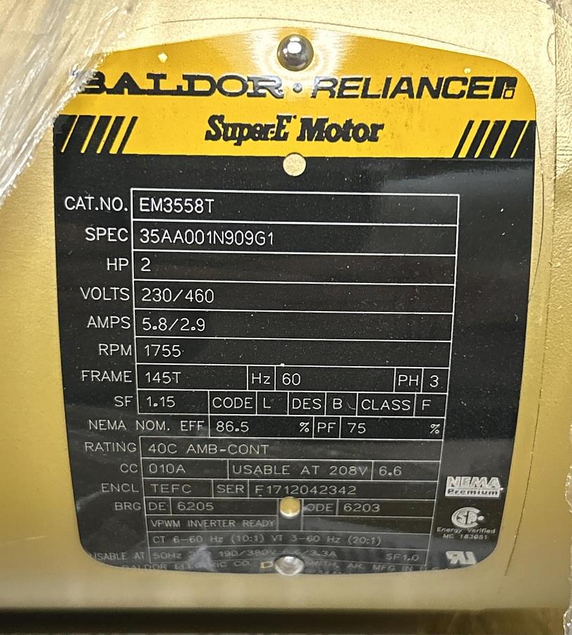 BALDOR,EM3558T,SUPER-E MOTOR 2HP 1755 RPM 230/460V 3PH 145T FRAME NOS