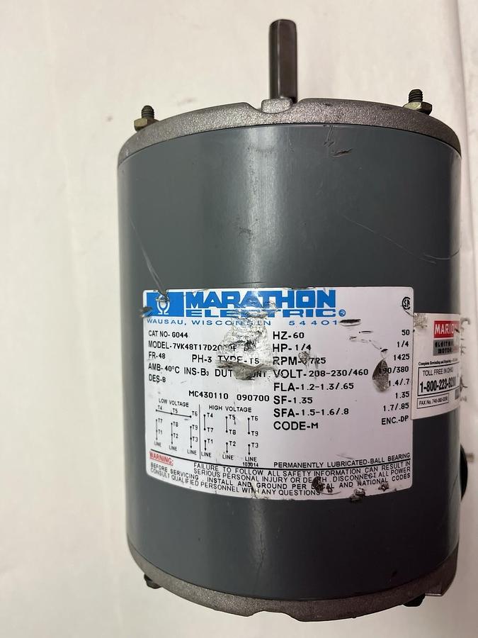 Used MARATHON,G044,ELECTRIC MOTOR 1/4HP 1725RPM 3PH FR 48