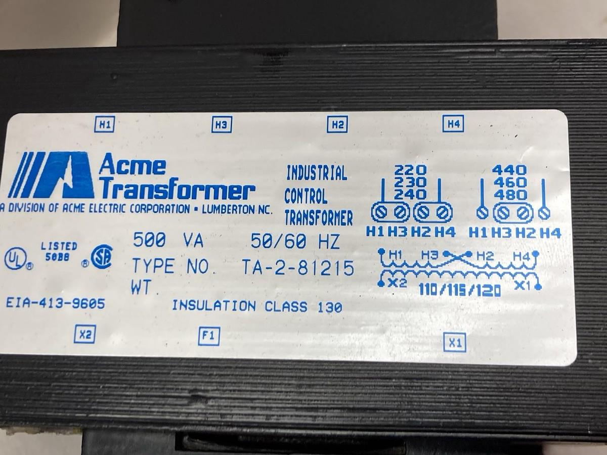 Used Acme Transformer,TA-2-81215,Control Transformer 500VA 50/60Hz