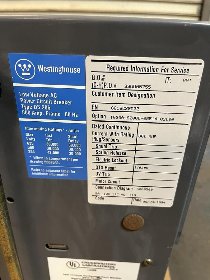 Used WESTINGHOUSE,DS-206,LOW VOLTAGE AC POWER BREAKER 800 AMPS 635V