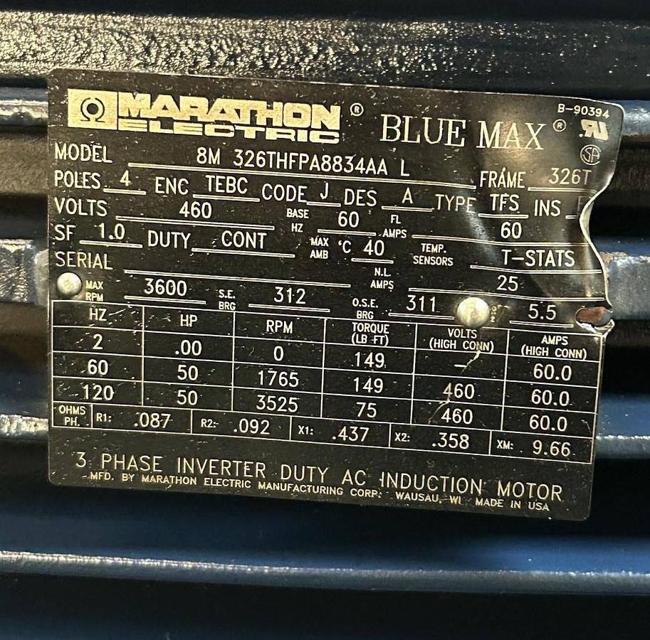 Used MARATHON,8M326THFPA8834AAL,MOTOR 50HP 1765/3525RPM 460V 3PH 326T FRAME