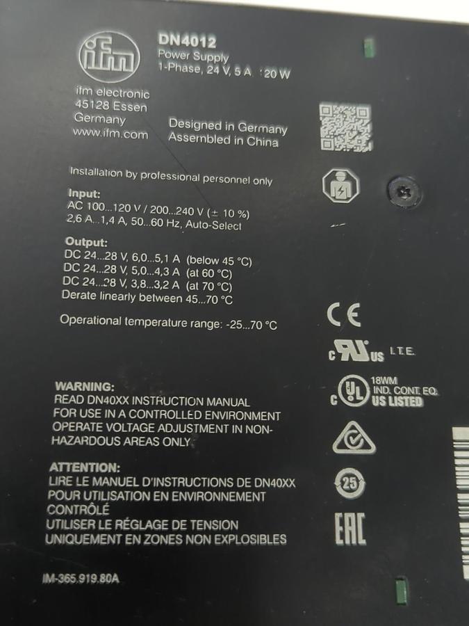 Used IFM,DN4012,POWER SUPPLY 1-PHASE 24V 5A 20W PRE-OWNED