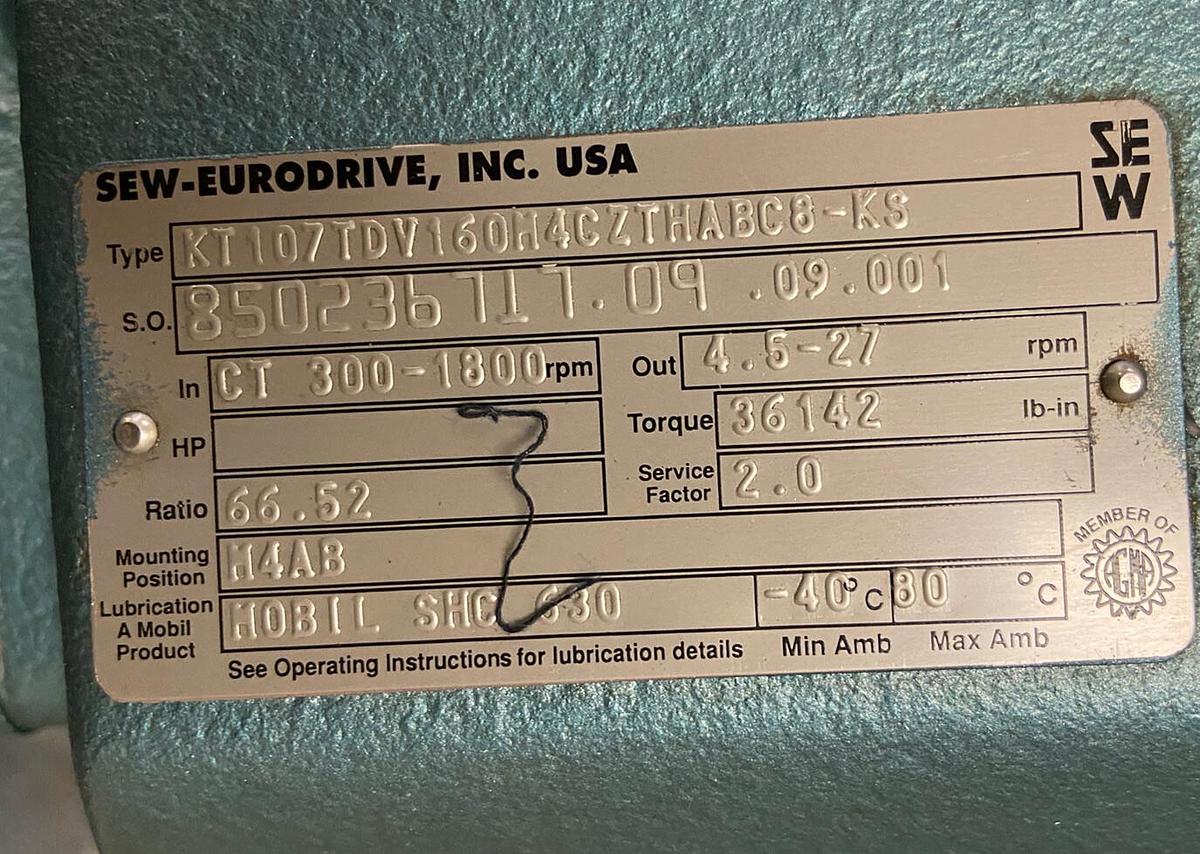 Used Sew Eurodrive,KT107TDV160M4CZTHAB-C8-KS, Gear Reducer Ratio 66.52 36142lbs/in