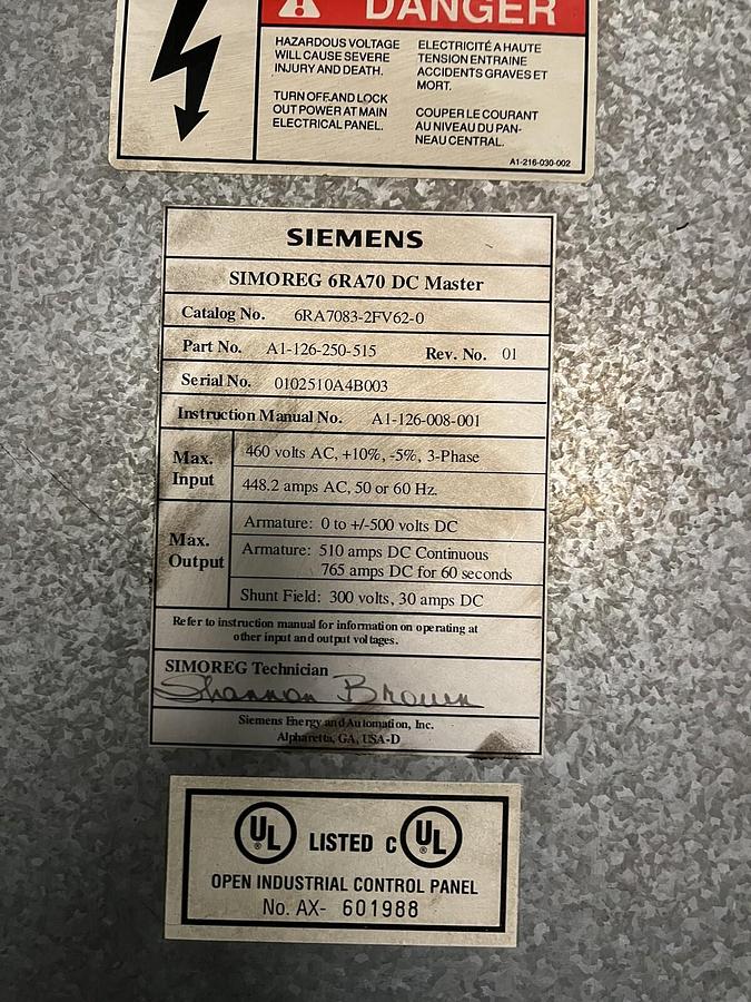 Used SIEMENS SIMOREG,6RA7083-2FV62-0,DC MASTER CONVERTOR DRIVE 510AMPS 6RA7087-6FV62-