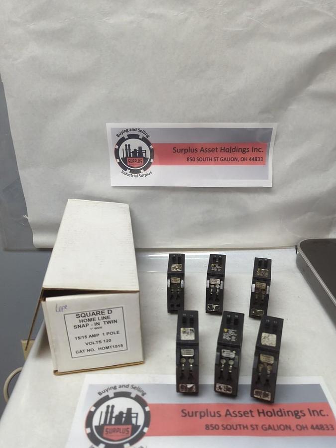 Used SQUARE D,HOMT1515,TANDEM CIRCUIT BREAKER 15/15 AMP 1-POLE LOT OF 6 PRE-OWNED