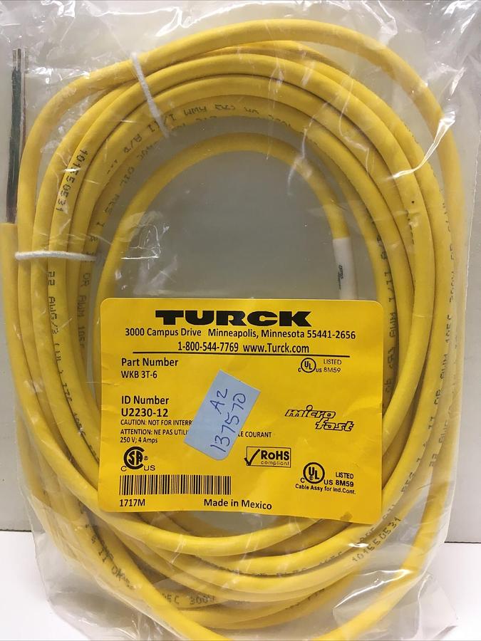 TURCK,WKB 3T-6 ID U2230-12,Right Angle Single Ended 1/2-inch Microfast Connector