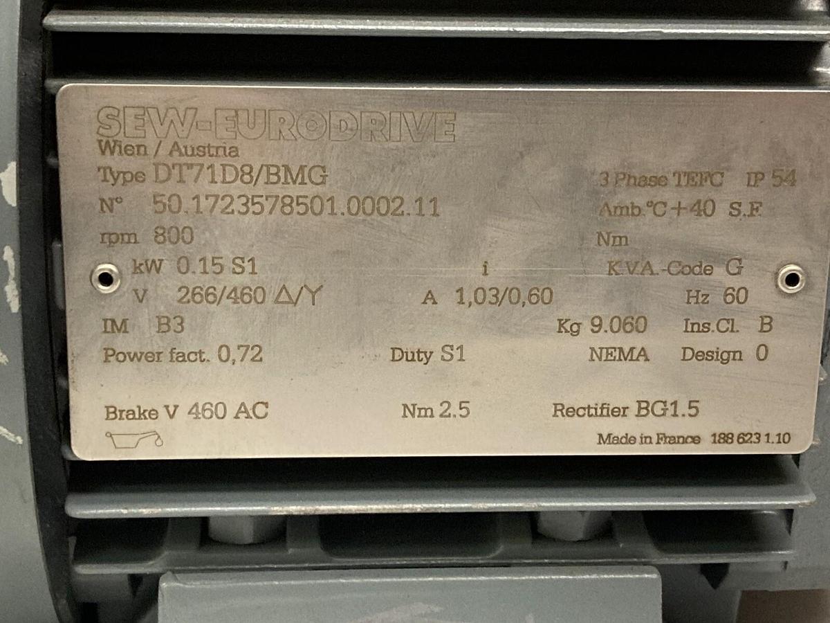 Sew-Eurodrive,DT71D8/BMG,3-Phase Gearmotor 800 RPM 266/460 V