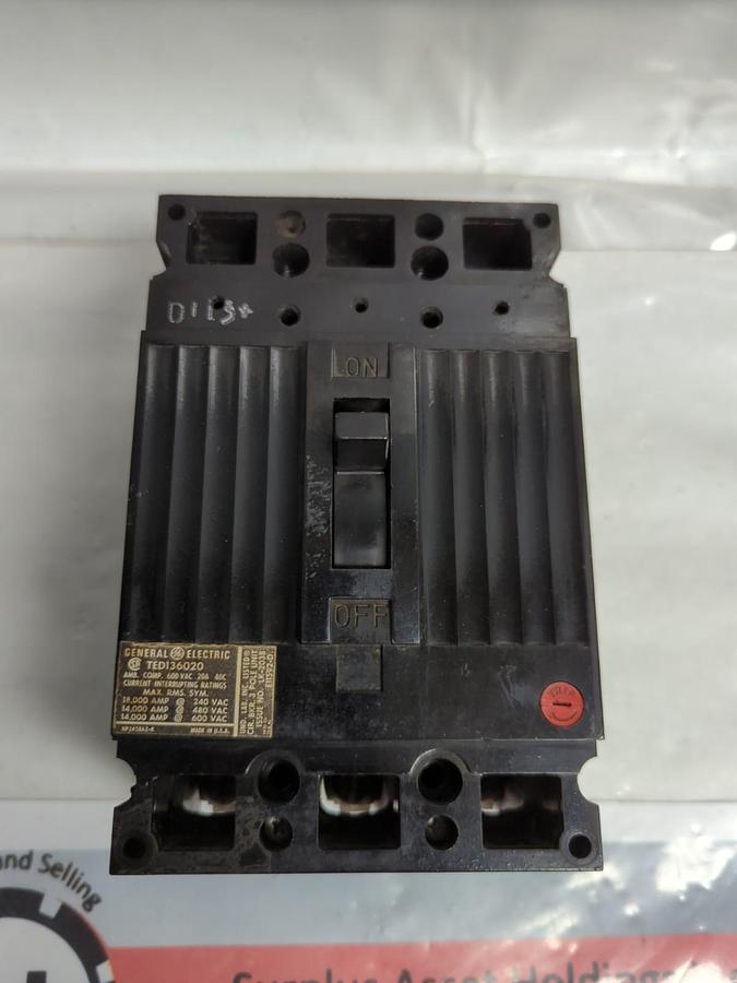 Used GE,TED136020,CIRCUIT BREAKER 3-POLE 600VAC 20AMP PRE-OWNED