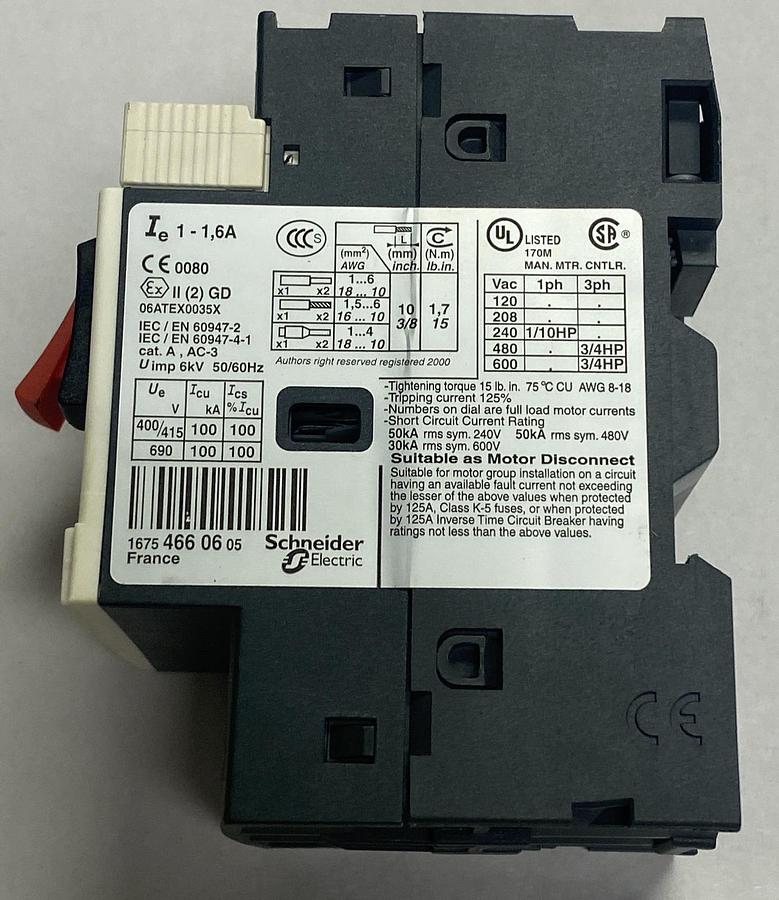 Used TELEMECANIQUE,GV2ME06,MOTOR CIRCUIT BREAKER 1-1.6A 3P