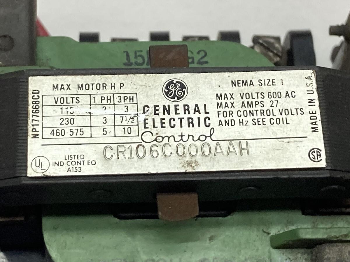 Used General Electric,CR106C000AAH,Size 1 Control Relay 600VAC 27A 10Hp 115V Coil