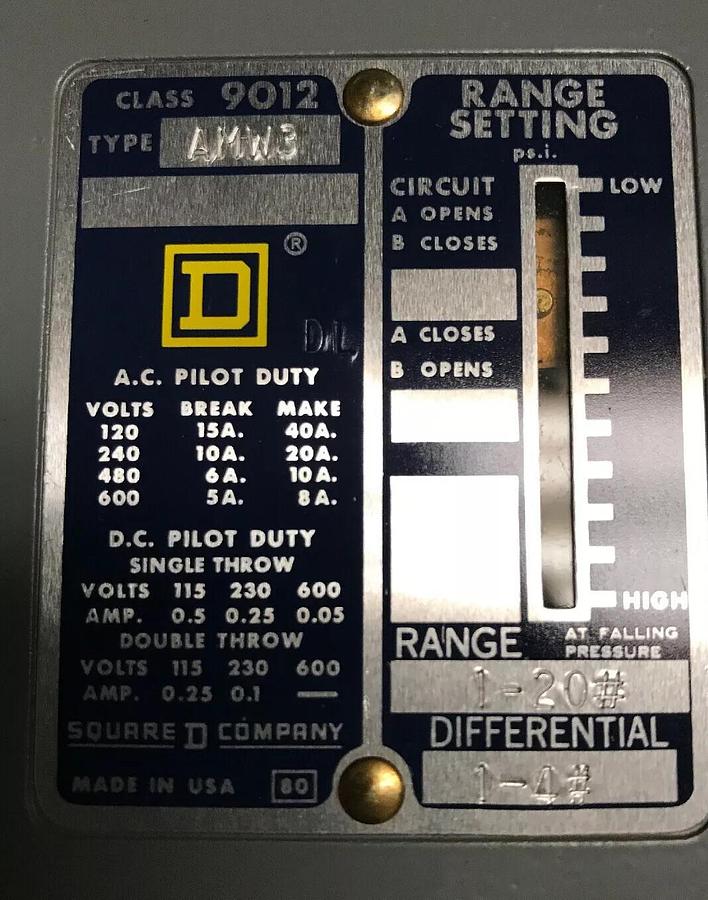 Square D,9012 AMW3,Pressure Switch