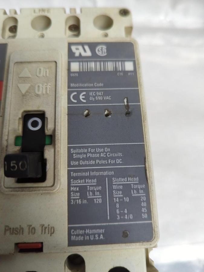 Used CUTLER HAMMER,HMCP150T4,MOTOR CIRCUIT PROTECTOR 150 AMP 600V 3-POLE PRE-OWNED