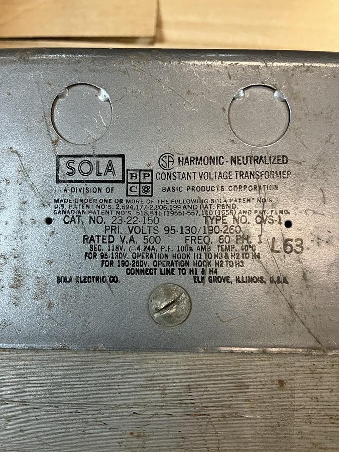 Used SOLA,23-22-150,CONSTANT VOLTAGE CVS-1 TRANSFORMER 500VA 1PH