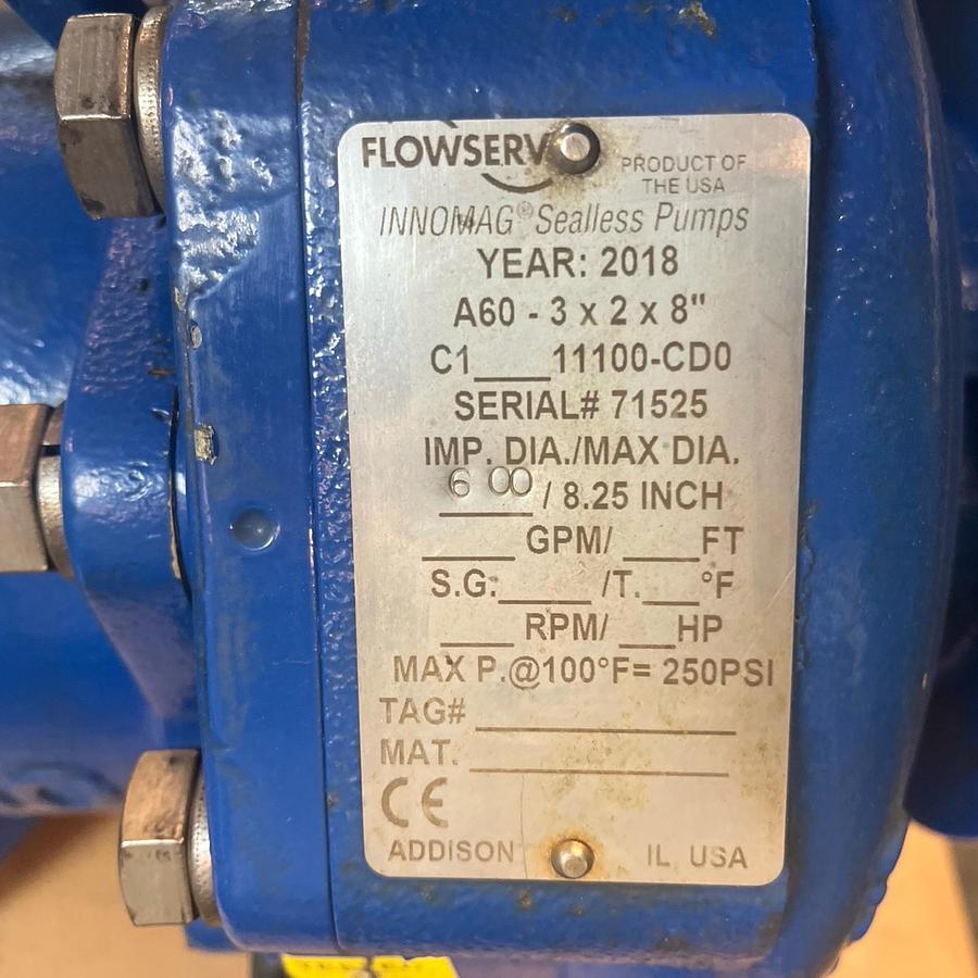 Used FLOWSERVE,3X2X8" INNOMAG MAGNETIC DRIVE SEALLESS PUMP 10HP 3500RPM 3PH
