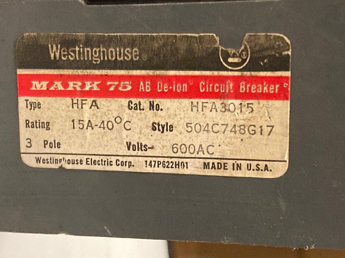Used Westinghouse,HFA3015,3-Pole Circuit Breaker 15A, 600V