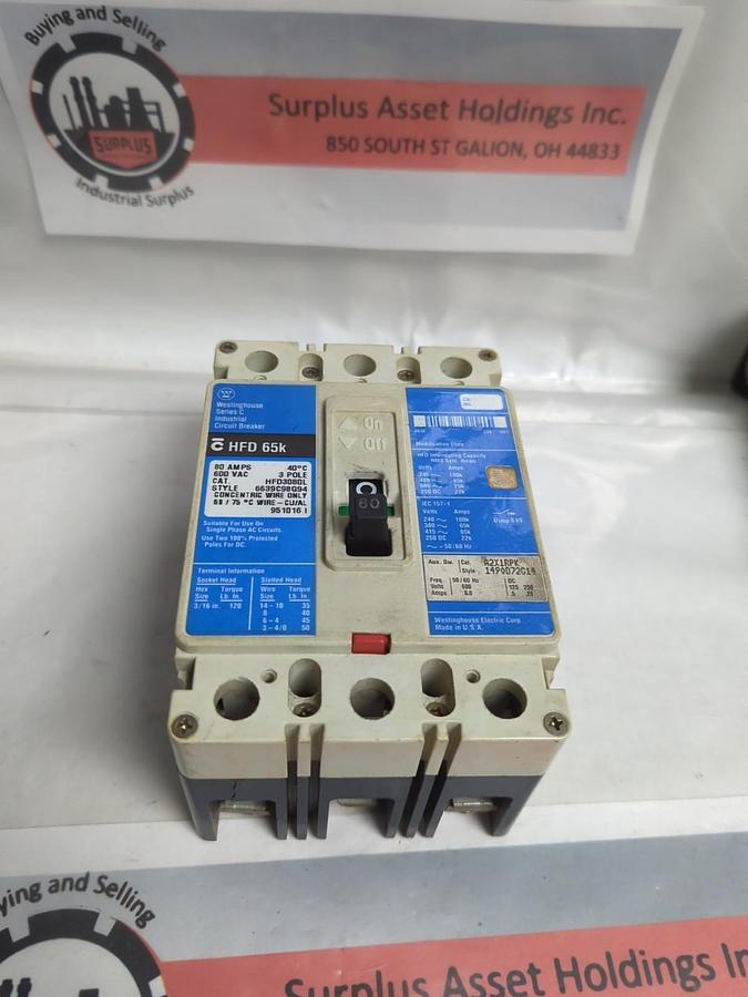 Used WESTINGHOUSE,HFD3080L,CIRCUIT BREAKER 80 AMP 600V 3-POLE PRE-OWNED
