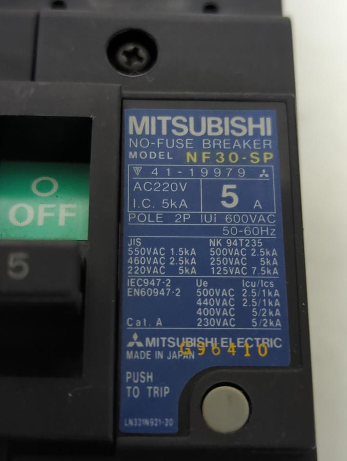 Used MITSUBISHI,NF30-SP,CIRCUIT BREAKER 5 AMP 2-POLE PRE-OWNED