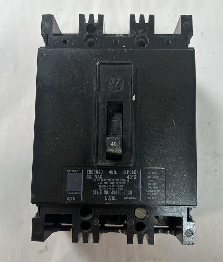 Used WESTINGHOUSE,EHB3040,CIRCUIT BREAKER 40A 480V 3P
