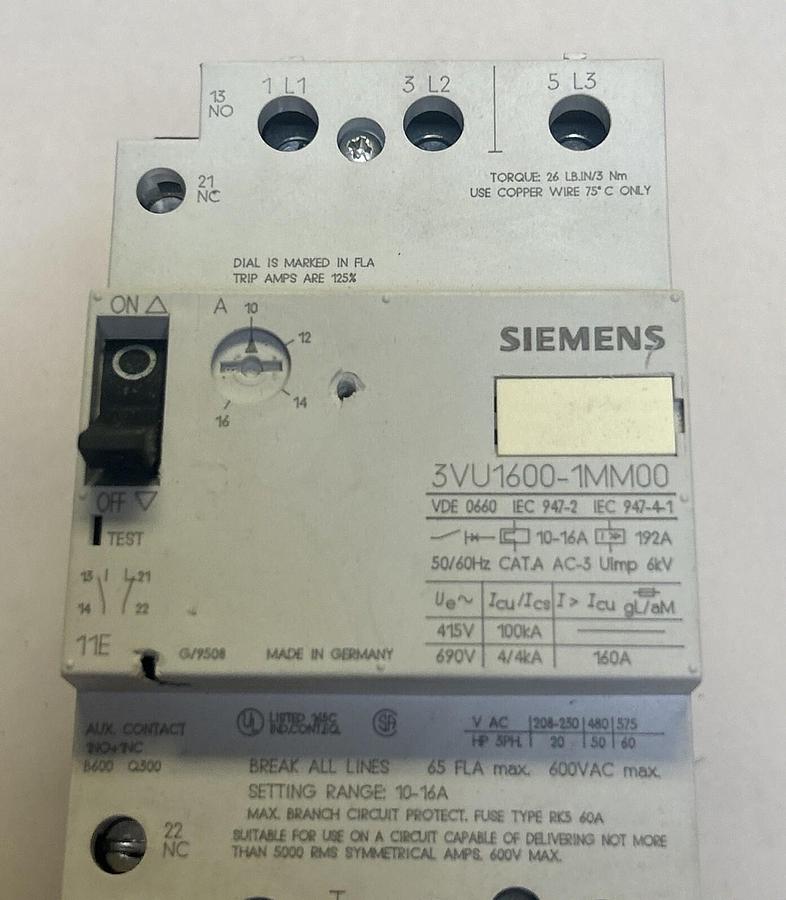 Used SIEMENS,3VU1600-1MM00,MOTOR STARTER PROTECTOR CIRCUIT BREAKER