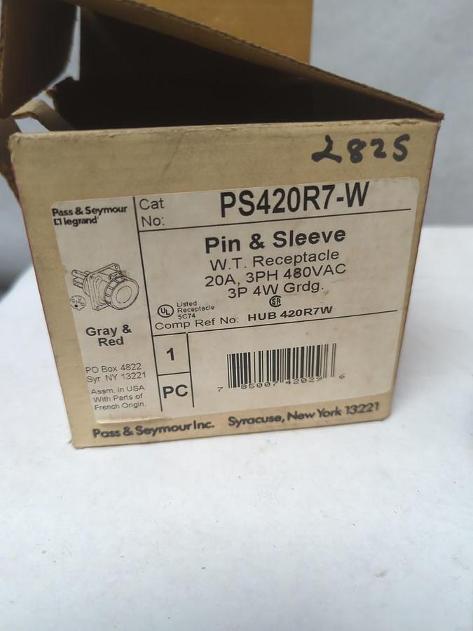 PASS & SEYMOUR,PS420R7-W,PIN & SLEEVE W.T. RECEPTACLE 20A 3PH 480VAC NOS