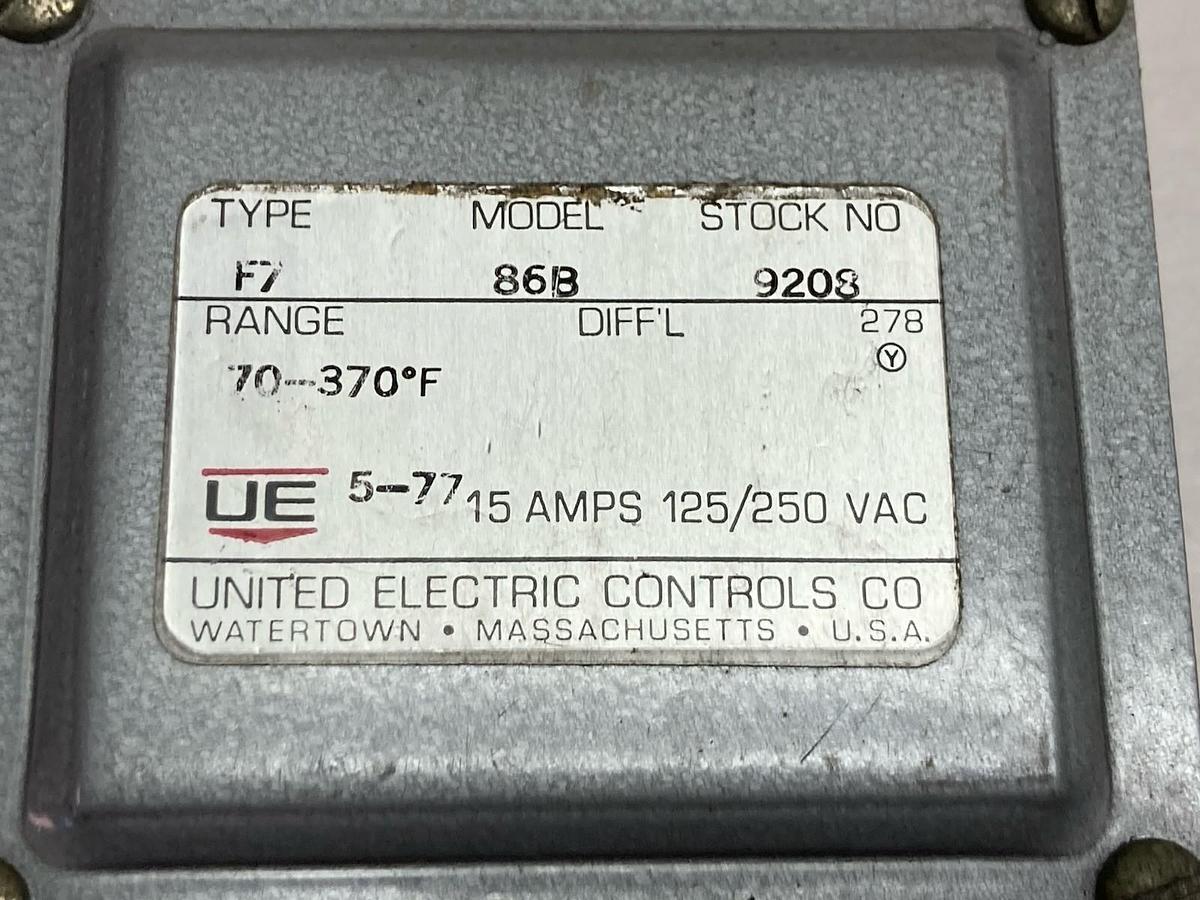 Used United Electric,Type F7 Model 86B,Pressure Switch 15A 125/250Vac 70-370 Degree