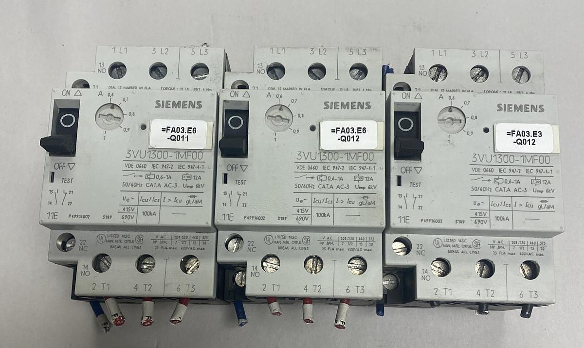Used Siemens,3VU1300-1MF00,Motor Protection Circuit Breaker 0.6-1.0A Lot Of 3