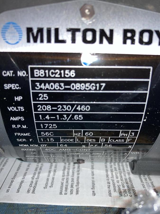 Used Milton Roy,B81C2156,3-Phase General Purpose Motor 1/4 Hp 56C Frame