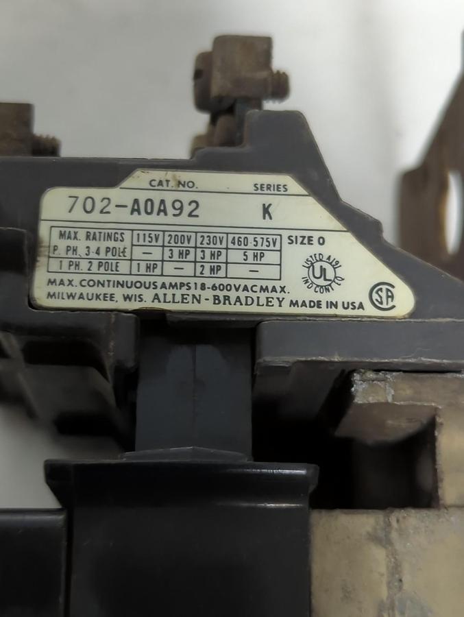 Used ALLEN BRADLEY,702-A0A92,SERIES K SIZE 0 CONTACTOR PRE-OWNED