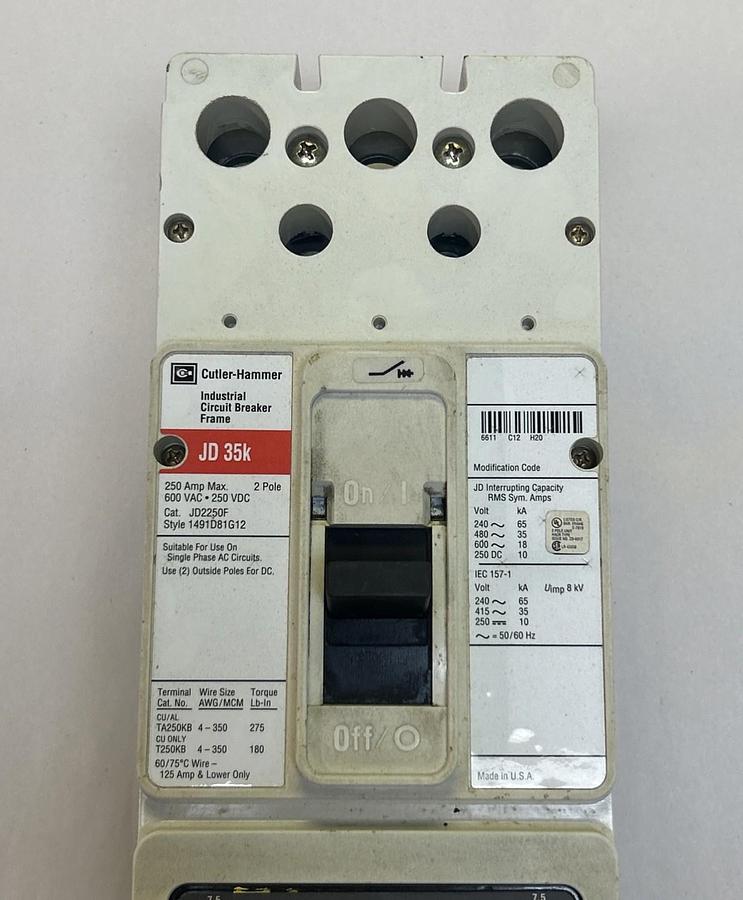 Used CUTLER-HAMMER,JD2250F,CIRCUIT BREAKER 250A 600V 2P